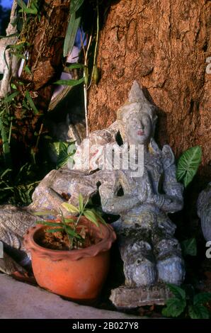 Thaïlande : Thevada (anges) sous un arbre de temple à Wat Ban Tha Kham, Mae Had Valley, près de Chiang mai, dans le nord de la Thaïlande. La vallée de Mae Had se trouve dans la partie nord de la grande vallée de Chiang mai. La petite rivière Mae Had traverse la vallée. Les habitants de la vallée de Mae Had sont majoritairement Khon Muang. Tout leur style de vie est une célébration de la culture de la paddy de riz humide et de la plaine. Leurs attitudes sont conservatrices, restreintes, anciennes. Banque D'Images