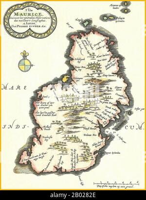 Maurice/pays-Bas : 'L'île de Maurice'. Gravure d'une carte par Pieter van der AA (1659-1733), Leyde, c. 1700. Maurice était une colonie officielle de la Compagnie néerlandaise des Indes orientales sur l'île Maurice entre 1638 et 1710, et utilisé comme station de rafraîchissement pour les navires de passage. Elle était déjà fréquentée par des navires hollandais à partir de 1598, mais ne s'est installée qu'en 1638, pour empêcher les Français et les Britanniques de s'installer sur l'île. Banque D'Images