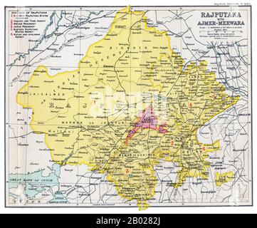 Inde : carte du répertoire impérial de l'Inde de 'Rajputana avec Ajmer-Merwara' par J.G. Bartholomew, 1909. Rājputāna était le nom adopté par le gouvernement britannique pour ses dépendances dans la région de l'actuel État indien de Rājasthān. Rajputana comprenait 18 états princiers, deux chefferies et le district britannique d'Ajmer-Merwara. Ce mandat officiel britannique est resté officiel jusqu'à son remplacement par le Rajasthan dans la constitution de 1949. Banque D'Images