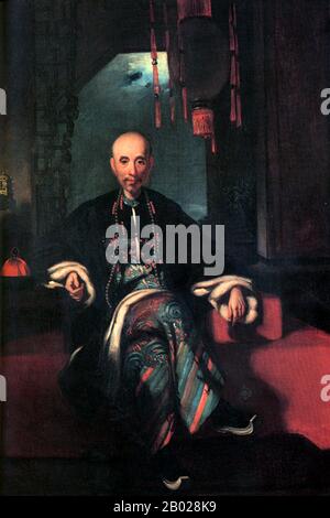 Chine : Howqua, de son vrai nom Hong Bingjian (1769 - 4 septembre 1843), marchand de Hong à Canton. Huile sur toile peinture de ester Speakman (1832-1875) dans le style de George Chinnery (1774-1852), v. 1843. Howqua était le plus important des marchands de Hong dans les treize usines, chef de l'E-WO hong et chef du canton de Cohong. Il était autrefois l'un des hommes les plus riches du monde, faisant sa richesse pendant la première Guerre de l'opium. Né à Fujian, en Chine, il était connu en Occident sous le nom de Howqua (le second). Son père, Wu Guorong était également Howqua (le premier) et était le fondateur de l'entreprise familiale. Banque D'Images