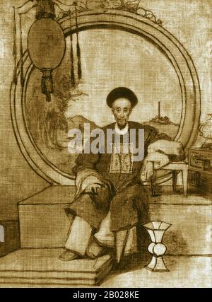 Chine : « How qua, Senior Hong Merchant at Canton, China ». Howqua, de son vrai nom Hong Bingjian (1769 - 4 septembre 1843), marchand de Hong à Canton. Huile sur toile de George Chinnery (1774-1852), v. 1843. Howqua était le plus important des marchands de Hong dans les treize usines, chef de l'E-WO hong et chef du canton de Cohong. Il était autrefois l'un des hommes les plus riches du monde, faisant sa richesse pendant la première Guerre de l'opium. Né à Fujian, en Chine, il était connu en Occident sous le nom de Howqua (le second). Son père, Wu Guorong était également Howqua (le premier) et était le fondateur de l'entreprise familiale. Banque D'Images
