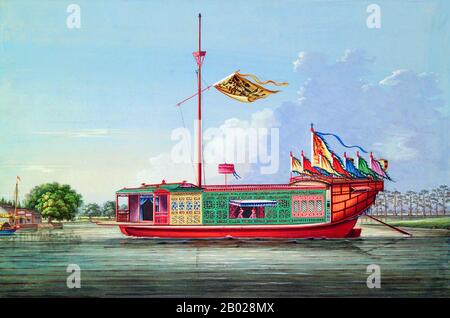 Chine : bateau-dragon, Canton (Guangzhou), à l'époque de la seconde Guerre de l'opium. Gouache sur papier peinture, v. 1850-1860. La seconde Guerre de l'opium, la seconde Guerre anglo-chinoise, la seconde Guerre de Chine, la guerre des flèches, ou l'expédition anglo-française en Chine, est une guerre opposant l'Empire britannique et le second Empire français à la dynastie Qing de Chine, qui dure de 1856 à 1860. Banque D'Images