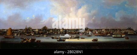 Chine : Godowns sur l'île Honam, delta de la rivière des perles, à l'époque de la seconde Guerre de l'opium (1856-1860). Huile sur toile, v. 1857-1861. La seconde Guerre de l'opium, la seconde Guerre anglo-chinoise, la seconde Guerre de Chine, la guerre des flèches ou l'expédition anglo-française en Chine, est une guerre opposant l'Empire britannique et le second Empire français à la dynastie Qing de Chine, qui dure de 1856 à 1860. Banque D'Images