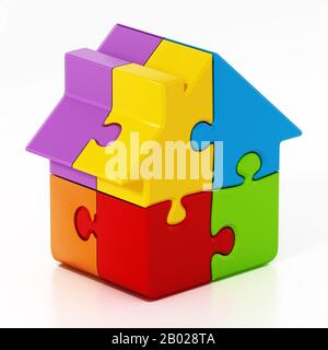 Puzzle pièces de puzzle reliées les uns aux autres formant une maison. Illustration tridimensionnelle. Banque D'Images