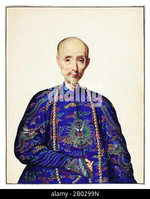 Chine : Howqua (1769 - 4 septembre 1843), de son vrai nom Hong Bingjian, le plus important des marchands de Hong à Canton (Guangzhou) au milieu du XIXe siècle. Huile sur toile portrait de Ting qua (Tingqua), v. 1845. Howqua était le plus important des marchands de Hong dans les treize usines, chef de l'E-WO hong et chef du canton de Cohong. Il était autrefois l'un des hommes les plus riches du monde. Né à Fujian, il était connu en Occident sous le nom de Howqua (le second). Il s'enrichit du commerce entre la Chine et l'Empire britannique au milieu du XIXe siècle lors de la première guerre de l'opium. Banque D'Images
