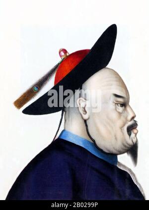 Chine : Ye Mincheng (21 décembre 1807 - 9 avril 1859), gouverneur de la province du Guangdong (R. 1848-1858). Huile sur toile de l'atelier de Yeh qua (Yehqua), v. 1858. Ye Mingchen (pinyin : Yè Míngchēn ; Wade-Giles : Yeh Ming-CH'en) est un haut fonctionnaire chinois de la dynastie Qing, connu pour sa résistance à l'influence britannique à Guangzhou au lendemain de la première guerre de l'opium. En 1848, Ye est nommé gouverneur de la province de Guangdong, ce qui le met en conflit ouvert avec la Grande-Bretagne en raison de son refus de permettre aux commerçants britanniques de résider dans la ville de Guangzhou proprement dite. Banque D'Images