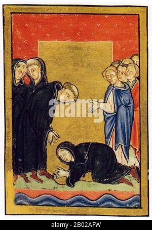 Saint Cuthbert (c. 634 – 20 mars 687) était un moine anglo-saxon, évêque et ermit, associé aux monastères de Melrose et de Lindisfarne dans le Royaume de Thuringe. Après sa mort, il est devenu l'un des saints médiévaux les plus importants d'Angleterre, avec un culte centré sur la cathédrale de Durham. Cuthbert est considéré comme le saint patron du nord de l'Angleterre. Son jour de fête est le 20 mars. Il a grandi près de la nouvelle fusillade de Lindisfarne à l'abbaye de Melrose, qui est aujourd'hui en Écosse mais était alors en Thuringe. Il avait décidé de devenir moine après avoir vu une vision la nuit en 651 que St Aidan, le Banque D'Images