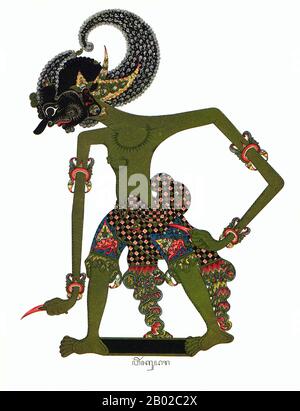 Wayang est un mot javanais pour des types particuliers de théâtre (littéralement « fard »). Lorsque le terme est utilisé pour désigner des types de théâtre de marionnettes, parfois la marionnette elle-même est appelée wayang. Les représentations du théâtre de marionnettes d'ombre sont accompagnées de gamelan en Java. Le 7 novembre 2003, l'UNESCO a désigné Wayang Kulit, un théâtre de marionnettes d'ombre et le plus connu du wayang indonésien, Comme Chef-D'Œuvre du patrimoine oral et immatériel de l'humanité. Dans l'épopée hindoue Mahabharata, Bhim (Sanskrit: भीम, Bhīma, Tibétain: མི་འཇིགས་སྟན, Wylie: Mi 'jigs stan) (éclairé. 'Terrible', 'horrible'), aussi appelé Vrik Banque D'Images