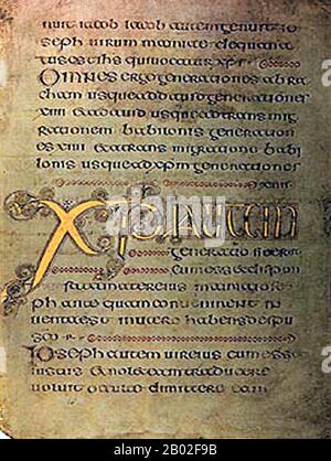 Le Livre de Durrow est un livre évangélique manuscrit illuminé médiéval dans le style artistique insulaire. Il a probablement été créé entre 650 et 700 ce. Le lieu de création pourrait avoir été l'abbaye de Durrow en Irlande ou un monastère dans la région de Lincolbria dans le nord-est de l'Angleterre (où le monastère de Lindisfarne serait le candidat probable) ou peut-être l'abbaye d'Iona dans l'ouest de l'Écosse -- le lieu d'origine a été débattu par les historiens depuis des décennies sans qu'un consensus ne se dégage. Le Livre de Durrow était certainement à l'Abbaye de Durrow par 916. Aujourd'hui, il est dans la bibliothèque de Trinity College, Dublin (MS A. 4. 5. (57)). Banque D'Images