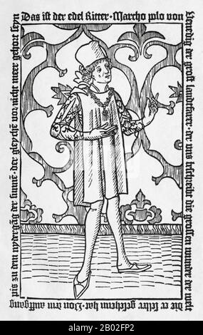 Probablement né à Venise vers 1254 ce, Marco Polo a été élevé par sa tante et son oncle après la mort de sa mère. Son père, Niccolo, était un marchand vénitien qui a quitté avant que Marco ne soit né pour le commerce au Moyen-Orient. Niccolo et son frère Maffeo ont traversé une grande partie de l'Asie et ont rencontré l'empereur Mongol Kublai Khan qui les aurait invités à être des ambassadeurs. En 1269, Niccolo et Maffeo sont retournés à Venise, rencontrèrent Marco pour la première fois. En 1271, Marco Polo, âgé de 17 ans, avec son père et son oncle, a voyagé à travers Constantinople, Bagdad, Perse, Kashgar, Chine et Birmanie. E Banque D'Images