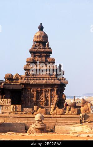 Le Temple Shore a été construit au début du 8ème siècle ce pendant le règne de Narasimhavarman II (également connu sous le nom de Rajasimha) de la dynastie Pallava. Il est ainsi nommé parce qu'il surplombe la rive de la baie du Bengale. C'est un temple structural, construit avec des blocs de granit. Mahabalipuram, également connu sous le nom de Mamallapuram (Tamil: மாமல்லபுரம்) est une ville historique ancienne et était un port maritime animé dès le premier siècle ce. Au 7ème siècle, c'était la principale ville portuaire de la dynastie sud-indienne de Pallava. Les monuments historiques vus aujourd'hui ont été construits en grande partie entre le 7ème et le 9ème centu Banque D'Images