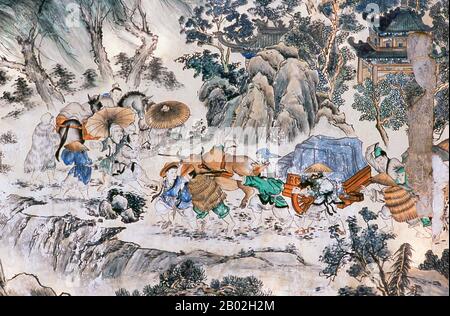 Chine : scène de « voyage à l’Ouest » près du temple du Grand Bouddha, Zhangye, province du Gansu. 'Voyage vers l'Ouest' est l'un des quatre grands romans classiques de la littérature chinoise. Publié à l'origine anonymement dans les années 1590 sous la dynastie Ming, sa paternité a été attribuée à l'érudit Wu Cheng'en depuis le XXe siècle. Dans les pays anglophones, le conte est aussi souvent connu simplement sous le nom de singe. Le roman est un récit fictif du légendaire pèlerinage en Inde du moine bouddhiste Xuanzang. Le moine voyage dans les régions occidentales pendant la dynastie Tang. Banque D'Images