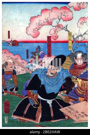 Minamoto no Yoshitsune (源 義経, 1159 – 15 juin 1189) était un général du clan Minamoto du Japon à la fin de la période Heian et au début de la période Kamakura. Yoshitsune était le neuvième fils de Minamoto no Yoshitomo, et le troisième et dernier fils et enfant que Yoshitomo serait père de Tokiwa Gozen. Le frère aîné de Yoshitsune, Minamoto no Yoritomo (le troisième fils de Yoshitomo), fonde le shogunat de Kamakura. Il est considéré comme l'un des plus grands et des plus populaires guerriers de son époque, et l'un des plus célèbres combattants samouraï dans l'histoire du Japon. Musashibō Benkei (武蔵坊弁慶, 1155–1189), communément appelé Benke Banque D'Images