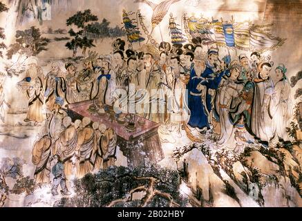 Chine : scène de « voyage à l’Ouest » près du temple du Grand Bouddha, Zhangye, province du Gansu. 'Voyage vers l'Ouest' est l'un des quatre grands romans classiques de la littérature chinoise. Publié à l'origine anonymement dans les années 1590 sous la dynastie Ming, sa paternité a été attribuée à l'érudit Wu Cheng'en depuis le XXe siècle. Dans les pays anglophones, le conte est aussi souvent connu simplement sous le nom de singe. Le roman est un récit fictif du légendaire pèlerinage en Inde du moine bouddhiste Xuanzang. Le moine voyage dans les régions occidentales pendant la dynastie Tang. Banque D'Images
