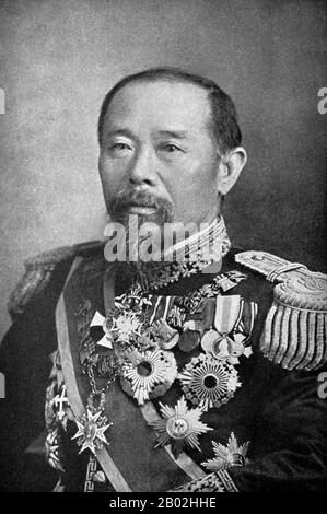 Le prince Itō Hirobumi, (伊藤 博文?, 16 octobre 1841 – 26 octobre 1909, également appelé Hirofumi / Hakubun et Shunsuke dans sa jeunesse) était un samouraï du domaine de Chōshū, un homme d'État japonais, quatre fois Premier ministre du Japon (les 1ère, 5ème, 7ème et 10ème), genrō et un résident général de Corée. Itō a été assassiné par Un militant coréen de l'indépendance, Un Jung-geun, en 1909. Banque D'Images