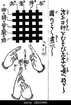 Kuji-kiri est une pratique ésotérique qui, lorsqu'elle est exécutée avec un ensemble de mains 'sl' (kuji-in), a été conçue pour permettre à ninja de promulguer des exploits superhumains. Le kuji (neuf caractères) est un concept issu du taoïsme, où il s'agissait d'une chaîne de neuf mots utilisés dans les charmes et les incantations. Les effets prévus vont de la concentration physique et mentale, à des revendications plus incroyables sur le fait de rendre un adversaire immobile, ou même la diffusion de sorts magiques. Ces légendes ont été capturées dans la culture populaire, qui a interprété le kuji-kiri comme un précurseur d'actes magiques. Banque D'Images
