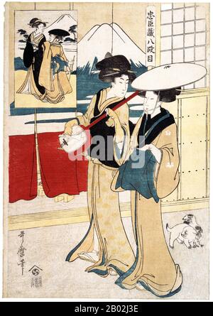 Japon: Tonase et Konami, deux tori-oi (鳥追い), ou des femmes itinérantes musiciens avec un shamisen. Loi Chustigura 8. Kitagawa Utamaro (vers 1753 - 31 octobre 1806), 1801. Kitagawa Utamaro était un graveur et peintre japonais, considéré comme l'un des plus grands artistes de gravures sur bois (ukiyo-e). Il est surtout connu pour ses études composées de femmes, connues sous le nom de bijinga. Il a également produit des études sur la nature, notamment des livres illustrés d'insectes. Banque D'Images