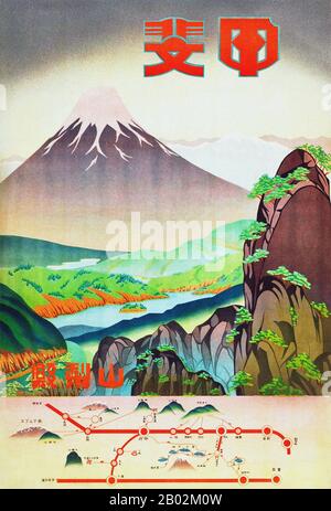 Japon : « Champs de couleur, préfecture de Yamanashi ». Affiche publicitaire des Chemins de fer d’État japonais, années 1930. La préfecture de Yamanashi (Yamanashi-ken) est une préfecture du Japon située dans la région de Chūbu de l’île principale de Honshu. La préfecture est enclavée et dispose d’une vallée centrale fertile, le bassin de Kōfu, entouré de nombreux plus hauts sommets du Japon, dont le plus haut, le mont Fuji, situé à la frontière sud avec Shizuoka. Bassin de Kōfu, ville de Kōfu et vue sur le mont Fuji. La capitale de la préfecture est la ville de Kōfu. Banque D'Images