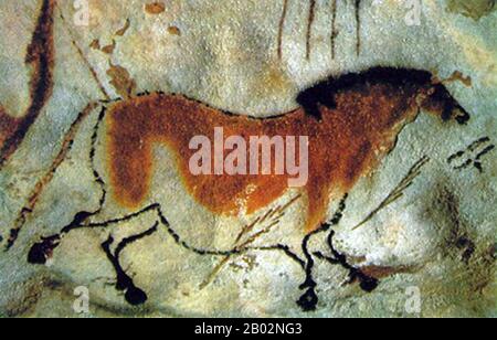 Lascaux est le cadre d'un complexe de grottes dans le sud-ouest de la France célèbre pour ses peintures rupestres paléolithiques. Les grottes d'origine sont situées près du village de Montignac, dans le département de la Dordogne. Ils contiennent certains des œuvres d'art paléolithique supérieures les plus connues. Ces peintures sont estimées à 17 300 ans. Ils consistent principalement en des images de grands animaux, dont la plupart sont connus des preuves fossiles pour avoir vécu dans la région à l'époque. En 1979, Lascaux a été ajouté à la liste des sites du patrimoine mondial de l'UNESCO ainsi qu'à d'autres sites préhistoriques de la vallée de la Vézère. Banque D'Images