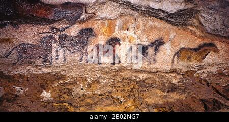 Lascaux est le cadre d'un complexe de grottes dans le sud-ouest de la France célèbre pour ses peintures rupestres paléolithiques. Les grottes d'origine sont situées près du village de Montignac, dans le département de la Dordogne. Ils contiennent certains des œuvres d'art paléolithique supérieures les plus connues. Ces peintures sont estimées à 17 300 ans. Ils consistent principalement en des images de grands animaux, dont la plupart sont connus des preuves fossiles pour avoir vécu dans la région à l'époque. En 1979, Lascaux a été ajouté à la liste des sites du patrimoine mondial de l'UNESCO ainsi qu'à d'autres sites préhistoriques de la vallée de la Vézère. Banque D'Images