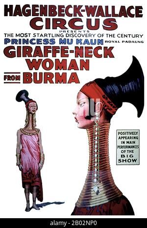 Etats-Unis / Birmanie / Myanmar: Affiche pour 'Princess Mu Kaun, Royal Padaung Giraffe-Neck Woman from birman', Hagenbeck-Wallace Circus, 1934. Les Padaung ou Kayan Lahwi ou Karen à long cou sont un sous-groupe du Kayan, un mélange de Lawi, Kayan et plusieurs autres tribus. Kayan est un sous-groupe du peuple Karen rouge (Karenni), une minorité ethnique de Tobeto-Burman de Birmanie (Myanmar). Banque D'Images