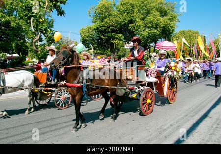 Thaïlande : calèches tirées par des chevaux, Parade du Festival des fleurs de Chiang Mai, Chiang Mai, nord de la Thaïlande. Chiang Mai est connu comme «la Rose du Nord», mais il fleurit vraiment en février, vers la fin de la saison fraîche. Chaque année, le premier week-end de février, le Festival des fleurs de Chiang Mai est ouvert. Les parterres de fleurs dans les espaces publics tout autour de la ville sont particulièrement beaux à cette période de l'année. Partout, on peut trouver de magnifiques étalages de chrysanthèmes jaunes et blancs, et la Rose de Damas, une variété que l'on ne trouve qu'à Chiang Mai. Banque D'Images