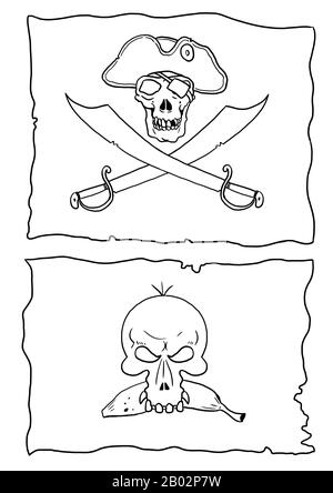 Jolly Roger coloring page. Illustration de clipart de contour drôle. Feuille de coloration avec drapeaux pirates. Banque D'Images