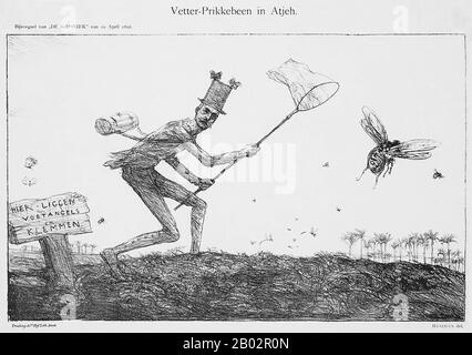 Dans ce croquis politique de 1896 de Marius Bauer, le personnage comique néerlandais Mijnheer Prikkeété tente de capturer une abeille appelée "Oemar" - une référence au leader national de la résistance à Aceh Teuku Umar (1854-1899). En fait, Teuku Umar a été tué trois ans plus tard lorsque les troupes néerlandaises ont lancé une attaque surprise à Meulaboh. Après la mort de Teuku Umar, sa femme Cut Nyak Dhien a continué de diriger les guérilleros contre les Néerlandais. La guerre d'Aceh, également connue sous le nom de guerre néerlandaise ou de guerre Infidale (1873–1914), était un conflit militaire armé entre le Sultanat d'Aceh et les Pays-Bas, qui était trigge Banque D'Images