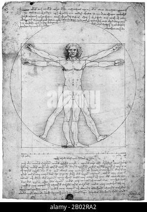 Leonardo di ser Piero da Vinci (15 avril 1452 – 2 mai 1519) était une polymath italienne, peintre, sculpteur, architecte, musicien, mathématicien, ingénieur, inventeur, anatomiste, géologue, cartographe, botaniste et écrivain. Il est largement considéré comme l'un des plus grands peintres de tous les temps et peut-être la personne la plus douée jamais à avoir vécu. L'homme vitruvien est un dessin de Leonardo da Vinci vers 1490. Il est accompagné de notes sur la base des travaux de l'architecte Vitruvius. Le dessin, qui est dans le stylo et l'encre sur le papier, dépeint un homme dans deux positions superposées avec ses bras Banque D'Images