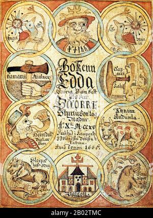 L'Edda Poétique est une collection de poèmes d'Old Norse, principalement conservés dans le manuscrit médiéval islandais Codex Regius. Avec Edda, La Prose De Snorri Sturluson, Edda Poétique est la source la plus importante sur la mythologie Norse et les légendes héroïques germaniques. Banque D'Images