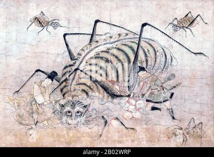 Tsuchigumo sont des créatures monstrueuses avec le corps d'un tigre, les membres d'une araignée et le visage d'un démon. Ils capturent, lient et mangent des voyageurs méfiants. Lorsque Minamoto no Yorimitsu a tué un Tsuchigumo, 1 990 crânes humains sont tombés de son ventre. Le Tsuchigumo no Zoshi Emaki (récit le défilement de l'histoire de l'araignée de la terre est un défilement d'image représentant une histoire d'une bataille entre Tsuchigumo et Minamoto no Yorimitsu, un général de la période mi-Heian. L'histoire est bien connue comme un épisode à Taiheiki (un conte de guerriers) et la chanson Noh 'Tsuchigumo'. Banque D'Images