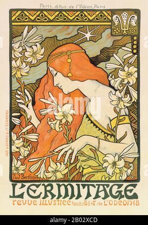 Paul Emile Berthon (1872–1909) était un artiste français qui produisait principalement des affiches et des lithographies. Le travail de Berthon est dans le style de l'Art nouveau, tout comme son Alphonse Mucha contemporain. Berthon étudie comme peintre à Villefranche avant de se rendre à Paris. Il s'est ensuite inscrit à l'Ecole Normale d'Enseignement de Dessin et a reçu des leçons de Luc-Olivier Merson. Son étude des arts décoratifs a influencé sa fabrication d'impression, influençant les lignes fortes et les détails naturels qui ont guidé son art. Banque D'Images