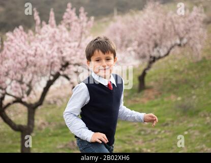 beau garçon jouant dans un champ avec des amandes fleuries Banque D'Images