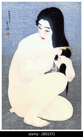 Torii Kotondo est connu pour avoir fait seulement 21 tirages - tous des images de bijin ou de belles femmes. Ils appartiennent aux plus belles œuvres d'art du mouvement Shin Hanga. Shin hanga (« nouveaux tirages ») était un mouvement artistique au début du XXe siècle au Japon, pendant les périodes Taisho et Showa, qui a revitalisé l'art ukiyo-e traditionnel enraciné dans les périodes Edo et Meiji (XVIIe et XIXe siècle). Le mouvement a prospéré entre 1915 et 1942, bien qu'il ait repris brièvement de 1946 à 1950. Inspirés par l'impressionnisme européen, les artistes ont incorporé des éléments occidentaux tels que les effets de la lumière et du Banque D'Images