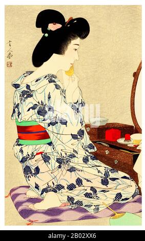 Torii Kotondo est connu pour avoir fait seulement 21 tirages - tous des images de bijin ou de belles femmes. Ils appartiennent aux plus belles œuvres d'art du mouvement Shin Hanga. Shin hanga (« nouveaux tirages ») était un mouvement artistique au début du XXe siècle au Japon, pendant les périodes Taisho et Showa, qui a revitalisé l'art ukiyo-e traditionnel enraciné dans les périodes Edo et Meiji (XVIIe et XIXe siècle). Le mouvement a prospéré entre 1915 et 1942, bien qu'il ait repris brièvement de 1946 à 1950. Inspirés par l'impressionnisme européen, les artistes ont incorporé des éléments occidentaux tels que les effets de la lumière et du Banque D'Images