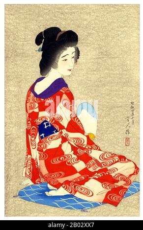 Torii Kotondo est connu pour avoir fait seulement 21 tirages - tous des images de bijin ou de belles femmes. Ils appartiennent aux plus belles œuvres d'art du mouvement Shin Hanga. Shin hanga (« nouveaux tirages ») était un mouvement artistique au début du XXe siècle au Japon, pendant les périodes Taisho et Showa, qui a revitalisé l'art ukiyo-e traditionnel enraciné dans les périodes Edo et Meiji (XVIIe et XIXe siècle). Le mouvement a prospéré entre 1915 et 1942, bien qu'il ait repris brièvement de 1946 à 1950. Inspirés par l'impressionnisme européen, les artistes ont incorporé des éléments occidentaux tels que les effets de la lumière et du Banque D'Images