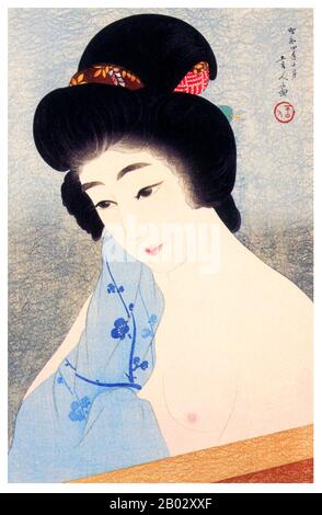 Torii Kotondo est connu pour avoir fait seulement 21 tirages - tous des images de bijin ou de belles femmes. Ils appartiennent aux plus belles œuvres d'art du mouvement Shin Hanga. Shin hanga (« nouveaux tirages ») était un mouvement artistique au début du XXe siècle au Japon, pendant les périodes Taisho et Showa, qui a revitalisé l'art ukiyo-e traditionnel enraciné dans les périodes Edo et Meiji (XVIIe et XIXe siècle). Le mouvement a prospéré entre 1915 et 1942, bien qu'il ait repris brièvement de 1946 à 1950. Inspirés par l'impressionnisme européen, les artistes ont incorporé des éléments occidentaux tels que les effets de la lumière et du Banque D'Images