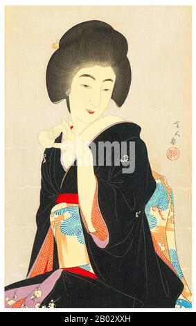 Torii Kotondo est connu pour avoir fait seulement 21 tirages - tous des images de bijin ou de belles femmes. Ils appartiennent aux plus belles œuvres d'art du mouvement Shin Hanga. Shin hanga (« nouveaux tirages ») était un mouvement artistique au début du XXe siècle au Japon, pendant les périodes Taisho et Showa, qui a revitalisé l'art ukiyo-e traditionnel enraciné dans les périodes Edo et Meiji (XVIIe et XIXe siècle). Le mouvement a prospéré entre 1915 et 1942, bien qu'il ait repris brièvement de 1946 à 1950. Inspirés par l'impressionnisme européen, les artistes ont incorporé des éléments occidentaux tels que les effets de la lumière et du Banque D'Images