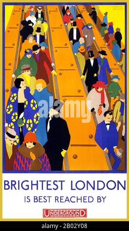 Angleterre / Royaume-Uni: 'Le Londres le plus lumineux est le mieux atteint par le métro', par Horace Taylor (1881 - 1934), Underground Electric Railway Company, Londres, 1927Le métro de Londres (également connu sous le nom de métro ou simplement le métro) Est un système de transport public rapide desservant une grande partie du Grand Londres et des parties des comtés d'origine de Buckinghamshire, Hertfordshire et Essex. Le système dessert 270 stations et possède 402 kilomètres (250 mi) de voie, dont 52 % au-dessus du sol. Le réseau est le plus ancien système de transport en commun rapide, intégrant le premier chemin de fer souterrain au monde, qui a ouvert ses portes en 1863. Banque D'Images