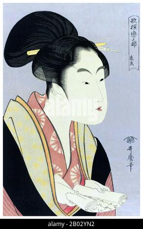 Kitagawa Utamaro était un artiste japonais. Il est l'un des praticiens les plus réputés du genre ukiyo-e d'empreintes de bois, en particulier pour ses portraits de belles femmes, ou bijin-ga. Il a également produit des études sur la nature, notamment des livres illustrés d'insectes. Le travail d'Utamaro a atteint l'Europe au milieu du XIXe siècle, où il était très populaire, bénéficiant d'une revendication particulière en France. Il a influencé les impressionnistes européens, notamment par son utilisation de vues partielles et son accent sur la lumière et l'ombre qu'ils ont imités. La référence à l'influence japonaise parmi ces ar Banque D'Images