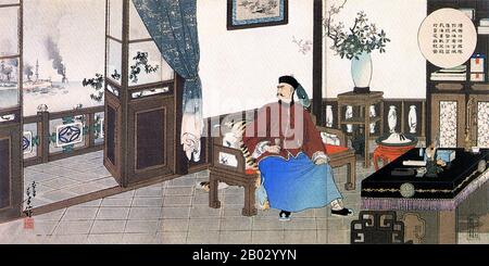 Ding Ruchang (18 novembre 1836 – 12 février 1895) était un officier de carrière de l'armée chinoise de la dynastie Qing. Durant la première guerre sino-japonaise de 1894–95, lors de la bataille de la rivière Yalu le 17 septembre 1894, Ding a perdu cinq des dix navires de sa flotte. Ding a refusé les offres d'asile politique de l'amiral japonais Itoh Sukeyuki et s'est suicidé par un surdosage d'opium dans son bureau au siège de l'île de Liugong. Son adjoint, l'amiral Liu Buchan, après avoir ordonné que son navire de guerre soit sabordé par les explosifs, s'est également suicidé. Les restes de la flotte de Beiyang se sont rendus à t Banque D'Images