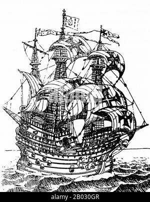 Flor do Mar ou Flor de la Mar (fleur de la Mer), épelé Frol de la Mar dans toutes les chroniques portugaises du XVIe siècle, était un nau portugais (cararack) de 400 tonnes, Qui plus de neuf ans a participé à des événements décisifs dans l'océan Indien jusqu'à son naufrage en novembre 1511. Le noble Afonso de Albuquerque revenait de la conquête de Malacca, apportant avec lui un grand Trésor pour le roi portugais, quand le navire a été perdu au large de la côte de Sumatra. Une réplique de la Flor do Mar se trouve dans le Musée maritime de Malaca (Melaka), en Malaisie. Banque D'Images