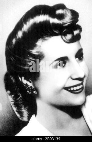 Maria Eva Duarte de Peron (7 mai 1919 – 26 juillet 1952) fut la deuxième épouse du président argentin Juan Peron (1895–1974) et fut la première Dame d'Argentine de 1946 à sa mort en 1952. Elle est habituellement appelée Eva Peron, ou par l'affectueuse langue espagnole diminutive Evita. Banque D'Images