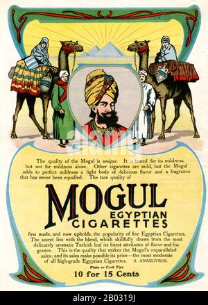 Au début des années 1900, les fabricants de cigarettes turques et égyptiennes ont triplé leurs ventes et sont devenus de grands concurrents des grandes marques. L'une des précédentes cigarettes de tabac turques, Mogul, a été introduite en 1892 par Soterios Anargyros, un tobacconiste grec basé à New York. Bien que probablement faite d'un mélange turc, les Moguls ont été annoncés comme des «Cigarettes égyptiennes». De nombreuses annonces Mogul ont présenté des modèles de haute société dans le vêtement occidental, plaçant la cigarette comme un produit de luxe, tandis que d'autres ont incorporé des motifs Orientalistes ou des modèles habillés en robe du Moyen-Orient. Banque D'Images