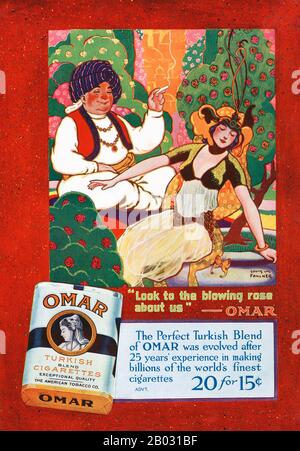 Au début des années 1900, les fabricants de cigarettes turques et égyptiennes ont triplé leurs ventes et sont devenus des concurrents légitimes des grandes marques. En 1911, l'American Tobacco Company a introduit Omar, une cigarette turque de qualité supérieure, afin de concurrencer d'autres grandes marques turques comme Murad. La cigarette a été nommée d'après le poète perse médiéval Omar Khayyam, qui a connu une résurgence de popularité de 1900 à 1930. Les publicités pour Omar cigarettes ont fait référence au célèbre poème de Khayyam, le Rubaiyat , et ont porté sur des thèmes de plaisir, de loisirs et de luxe. Banque D'Images