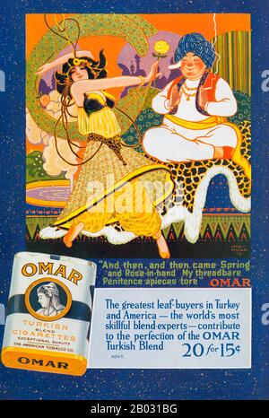 Au début des années 1900, les fabricants de cigarettes turques et égyptiennes ont triplé leurs ventes et sont devenus des concurrents légitimes des grandes marques. En 1911, l'American Tobacco Company a introduit Omar, une cigarette turque de qualité supérieure, afin de concurrencer d'autres grandes marques turques comme Murad. La cigarette a été nommée d'après le poète perse médiéval Omar Khayyam, qui a connu une résurgence de popularité de 1900 à 1930. Les publicités pour Omar cigarettes ont fait référence au célèbre poème de Khayyam, le Rubaiyat , et ont porté sur des thèmes de plaisir, de loisirs et de luxe. Banque D'Images