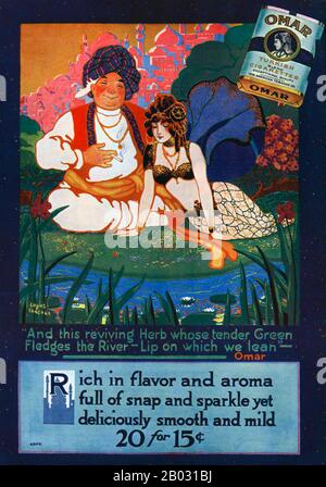 Au début des années 1900, les fabricants de cigarettes turques et égyptiennes ont triplé leurs ventes et sont devenus des concurrents légitimes des grandes marques. En 1911, l'American Tobacco Company a introduit Omar, une cigarette turque de qualité supérieure, afin de concurrencer d'autres grandes marques turques comme Murad. La cigarette a été nommée d'après le poète perse médiéval Omar Khayyam, qui a connu une résurgence de popularité de 1900 à 1930. Les publicités pour Omar cigarettes ont fait référence au célèbre poème de Khayyam, le Rubaiyat , et ont porté sur des thèmes de plaisir, de loisirs et de luxe. Banque D'Images