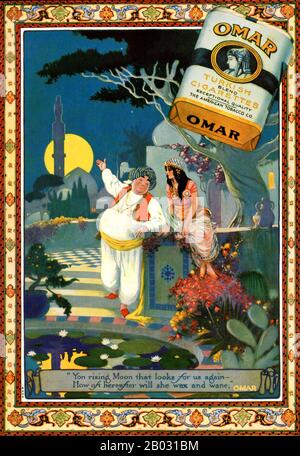Au début des années 1900, les fabricants de cigarettes turques et égyptiennes ont triplé leurs ventes et sont devenus des concurrents légitimes des grandes marques. En 1911, l'American Tobacco Company a introduit Omar, une cigarette turque de qualité supérieure, afin de concurrencer d'autres grandes marques turques comme Murad. La cigarette a été nommée d'après le poète perse médiéval Omar Khayyam, qui a connu une résurgence de popularité de 1900 à 1930. Les publicités pour Omar cigarettes ont fait référence au célèbre poème de Khayyam, le Rubaiyat , et ont porté sur des thèmes de plaisir, de loisirs et de luxe. Banque D'Images