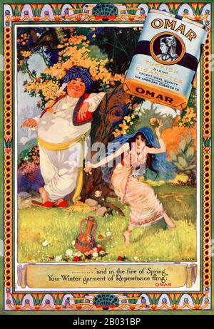 Au début des années 1900, les fabricants de cigarettes turques et égyptiennes ont triplé leurs ventes et sont devenus des concurrents légitimes des grandes marques. En 1911, l'American Tobacco Company a introduit Omar, une cigarette turque de qualité supérieure, afin de concurrencer d'autres grandes marques turques comme Murad. La cigarette a été nommée d'après le poète perse médiéval Omar Khayyam, qui a connu une résurgence de popularité de 1900 à 1930. Les publicités pour Omar cigarettes ont fait référence au célèbre poème de Khayyam, le Rubaiyat , et ont porté sur des thèmes de plaisir, de loisirs et de luxe. Banque D'Images
