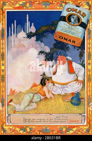 Au début des années 1900, les fabricants de cigarettes turques et égyptiennes ont triplé leurs ventes et sont devenus des concurrents légitimes des grandes marques. En 1911, l'American Tobacco Company a introduit Omar, une cigarette turque de qualité supérieure, afin de concurrencer d'autres grandes marques turques comme Murad. La cigarette a été nommée d'après le poète perse médiéval Omar Khayyam, qui a connu une résurgence de popularité de 1900 à 1930. Les publicités pour Omar cigarettes ont fait référence au célèbre poème de Khayyam, le Rubaiyat , et ont porté sur des thèmes de plaisir, de loisirs et de luxe. Banque D'Images